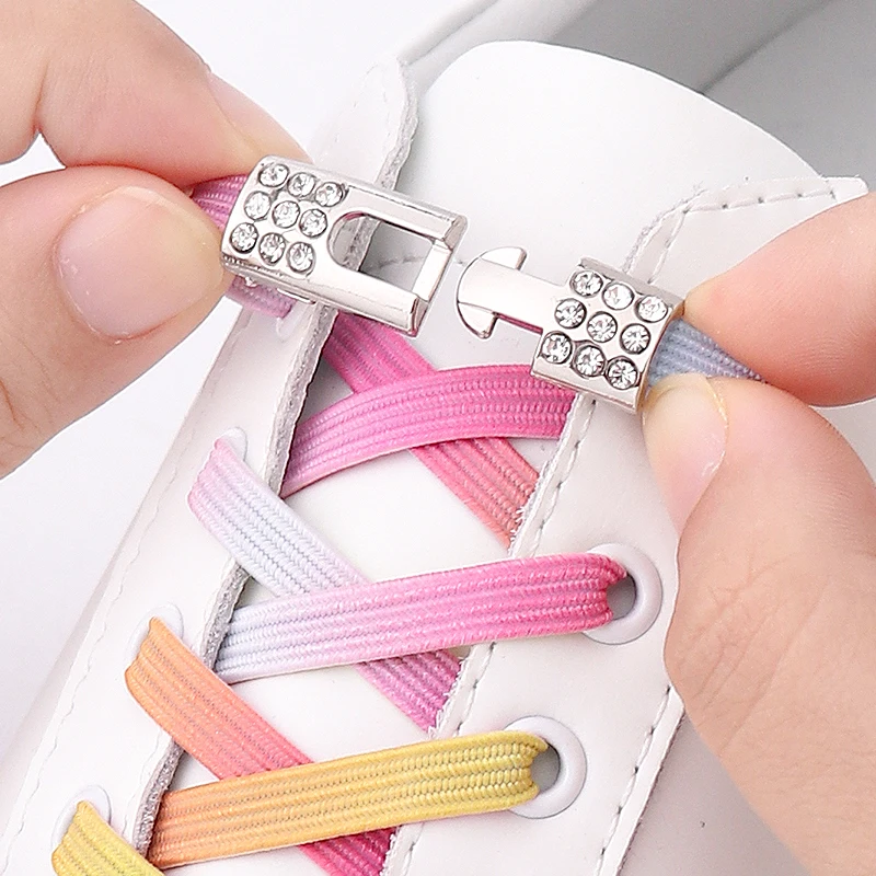 

No Tie Shoe Laces Diamond Buckle Elastic Laces Pearl Light Colorful Shoelaces Without Ties Shoelace for Sneaker Kids Adult 1Pair