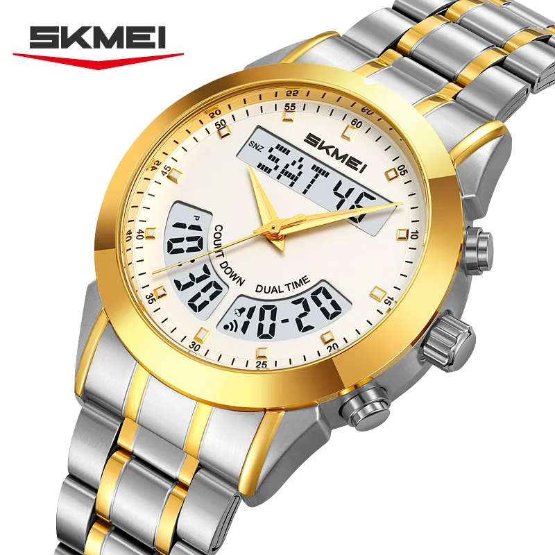 SKMEI 2445 Brand Men's Electronic Quartz Watch Luminous Alarm Clock Countdown Waterproof Stainless Steel Strap Men Digital Watch