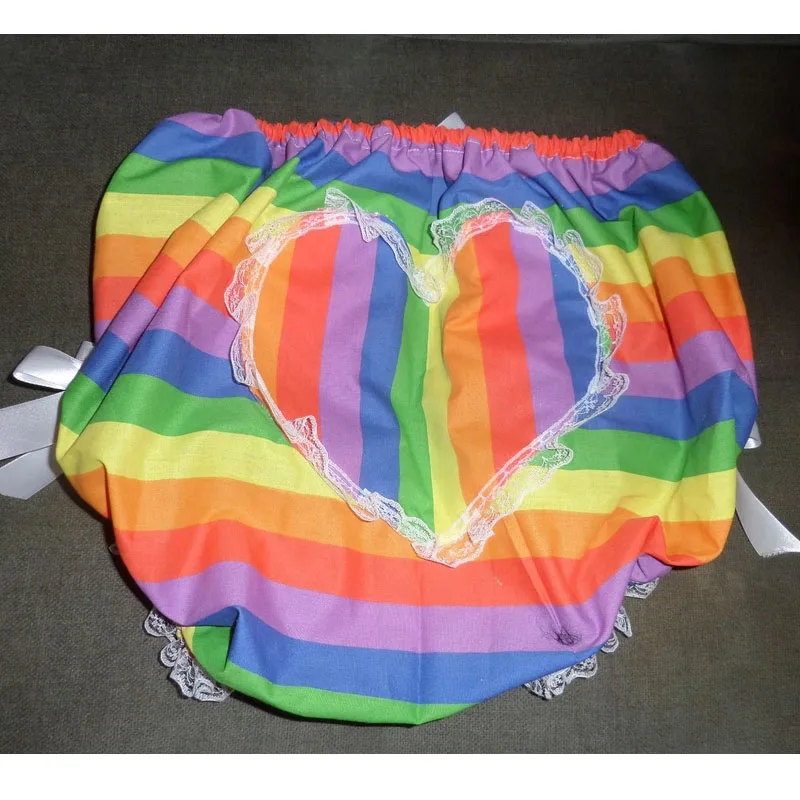 Plus Size Adult Rainbow Stripe White Lace Trim Bows Heart Briefs Cute ABDL Reusable Training Bloomers Soft Comfortablet Panties