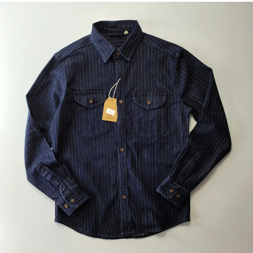 

Thiened Denim irt Весна Осень Повседневная рабочая одежда Long Sve Полосатая износостойкая американская молодежная одежда с тяжелой талией