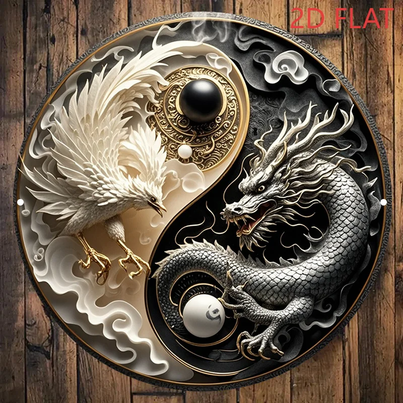 Letrero de metal para pared de Yin Yang, decoración redonda de dragón chino y Fénix para el hogar y la oficina, regalo de equilibrio de armonía