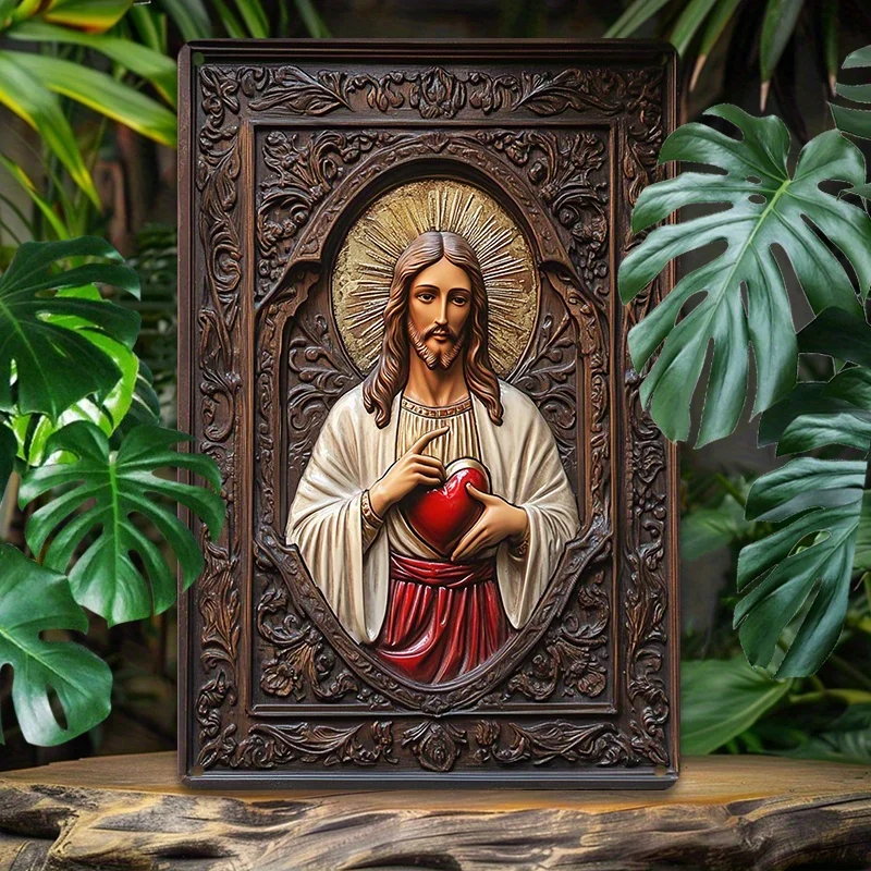 Metal Decoration,Aluminum Wall Art,Metal Tin Sign Icon of The Sacred Heart of Jesus Vintage Metal Tin Sign for Home,Office