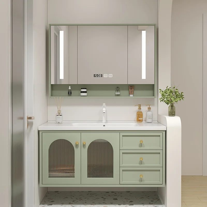 

Oak bathroom cabinet 2024 new ceramic integrated basin washbasin cabinet combination washbasin cabinet washstand cream wind