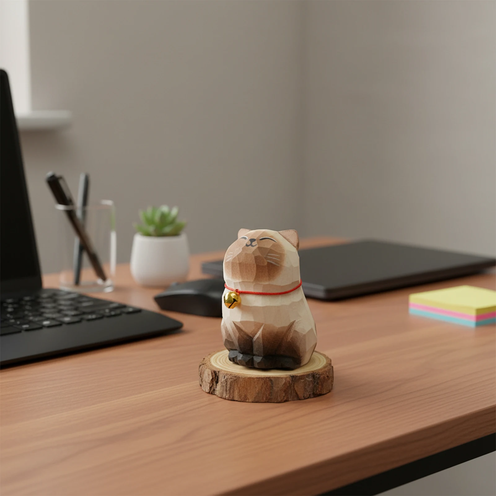 Wooden Cat Sculpture Decorative Siamese Cat Figurine for Office Desk Home Decor Hand Carved Natural Wood Art Gift Ornament