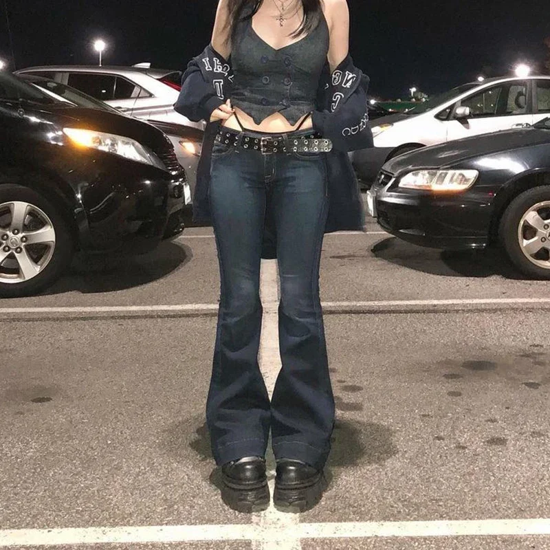 Rockmore Vintage Flare Jeans Women Low Rise Fashion Washed Jean Pants Y2K Aesthetic High Street Denim Trousers Korean Casual New