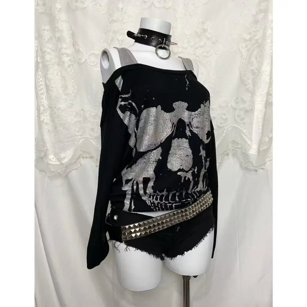 

Женский топ с длинными рукавами и принтом черепов Y2k, одежда, футболки с рисунком скелета, готическая одежда с открытыми плечами, уличная одежда в готическом стиле, футболки, новинка