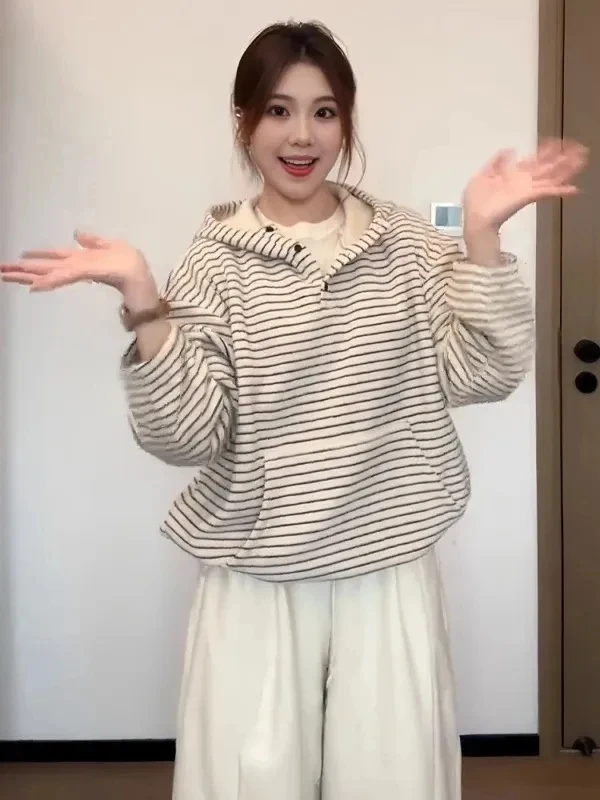 

plus Size Women's Fce Lined Thiened Striped Hoodie 2025 Winter New Sle Slimming Loose Layering Top Korean Sle Commut...