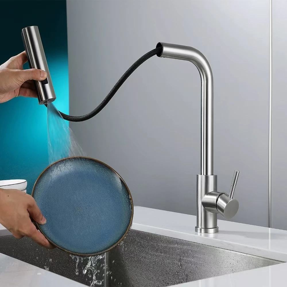 Kitchen faucet Hot and cold water wash basin sink spillproof telescopic stainless steel rain pull faucet