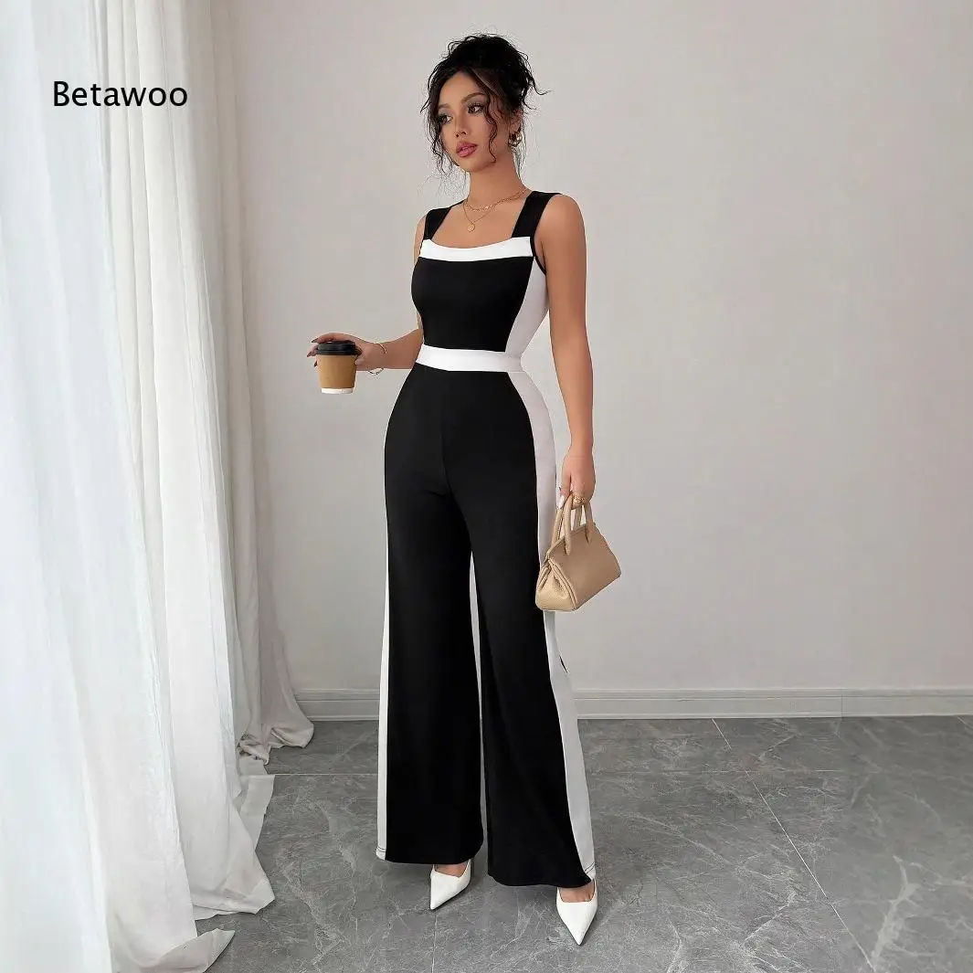 Slim Color Block Cami Wide Leg Jumpsuit Contrast Waistband Side Strip Detail Casual Daily Romper