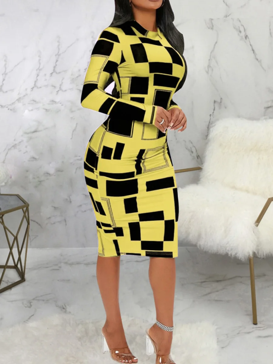 LW SXY Geometric Print Patchwork Bodycon Dress Summer Mock Neck Body-shaping Long Sleeve Stretchy Mid Calf Dresses for Women