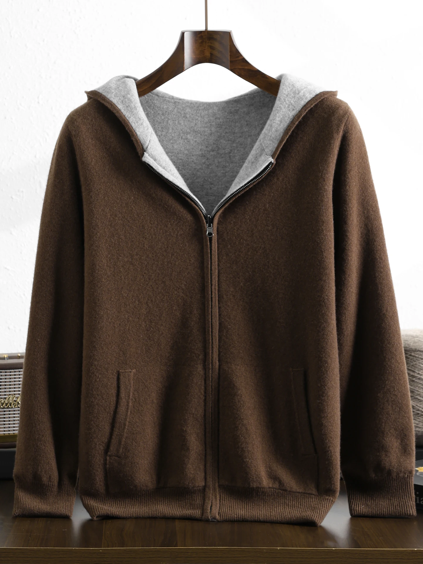 الذكية عادية 100% ميرينو الصوف الرجال سترة سميكة الخريف الشتاء الرجال محبوك مقنعين سترة الوجهين طويلة الأكمام الملابس القمم #1