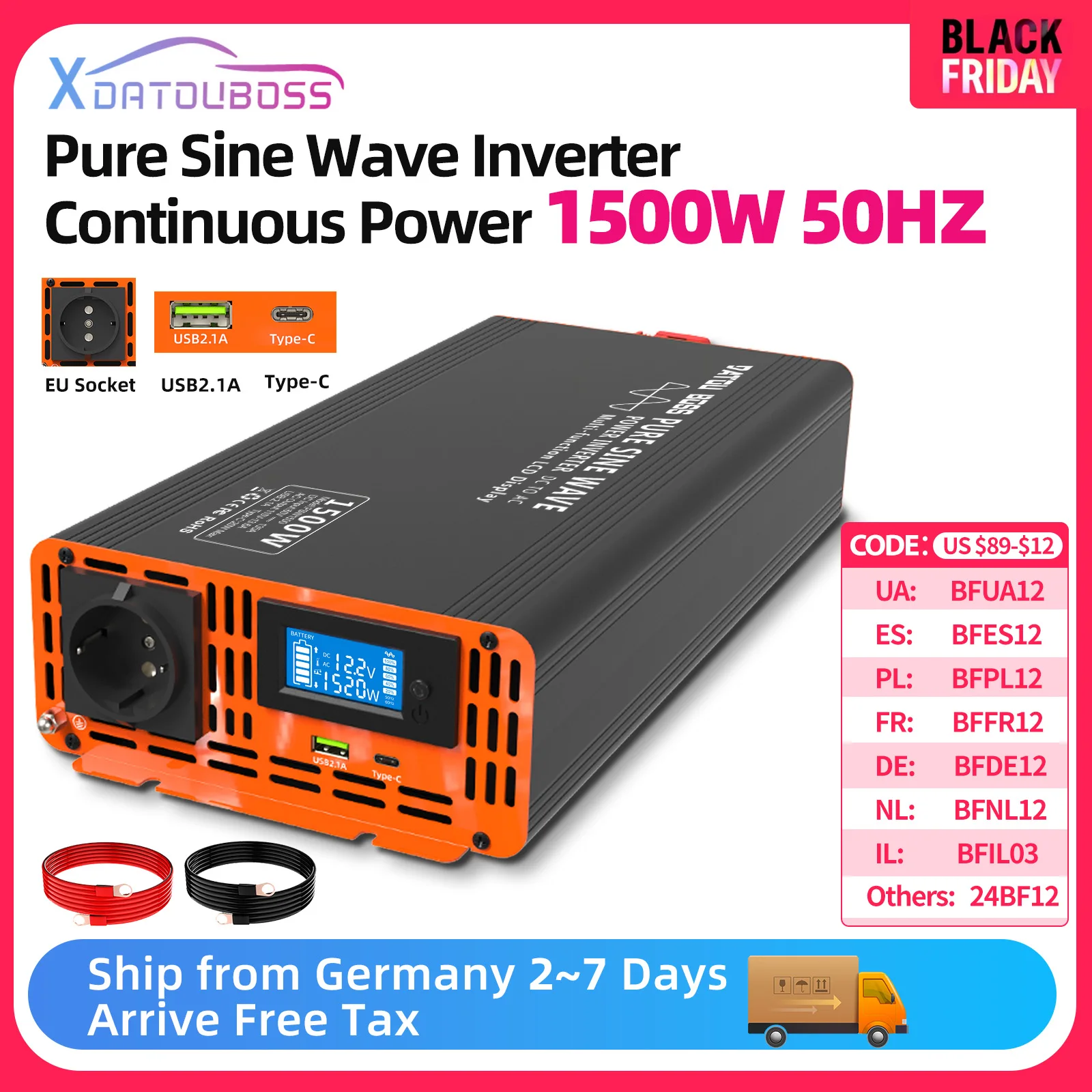 DATOUBoss Inverter Converter 12v 220v 24V 50HZ 1500W DC to AC Voltage Converter Power Supply EU Socket EU Delivery