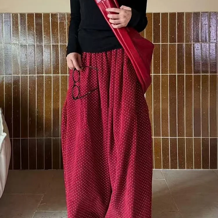 Pantaloni di velluto a coste a vita alta Pantaloni casual a gamba larga a pois rossi da donna Autunno Inverno Dimagrante Versatile Cotone confortevole