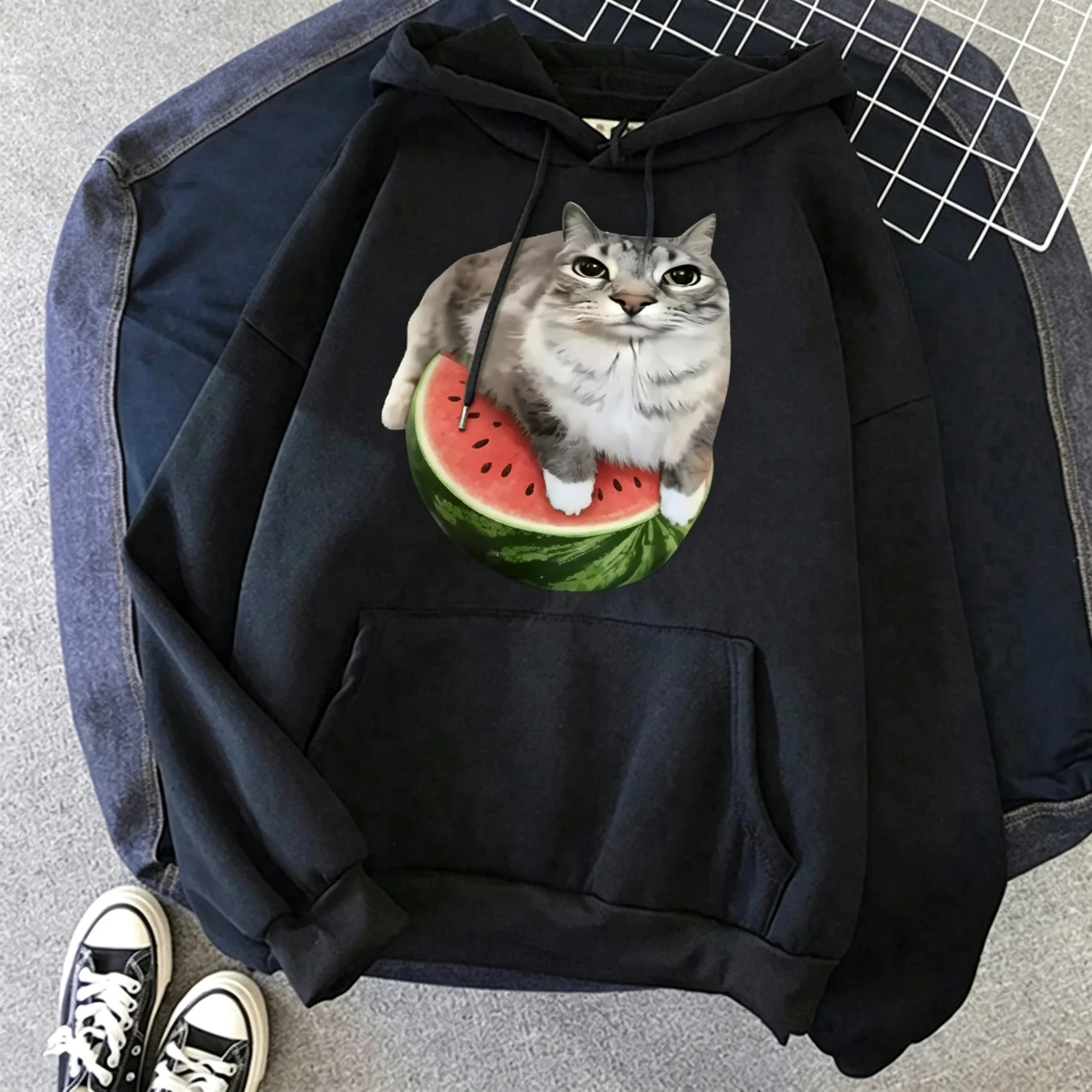 Cute Watermelon Cat Silly Cat Meme Printed Hoodies 90s Casual Sweatshirts Graphic Y2k Hooded Women's Gothic Streetwear Clothes