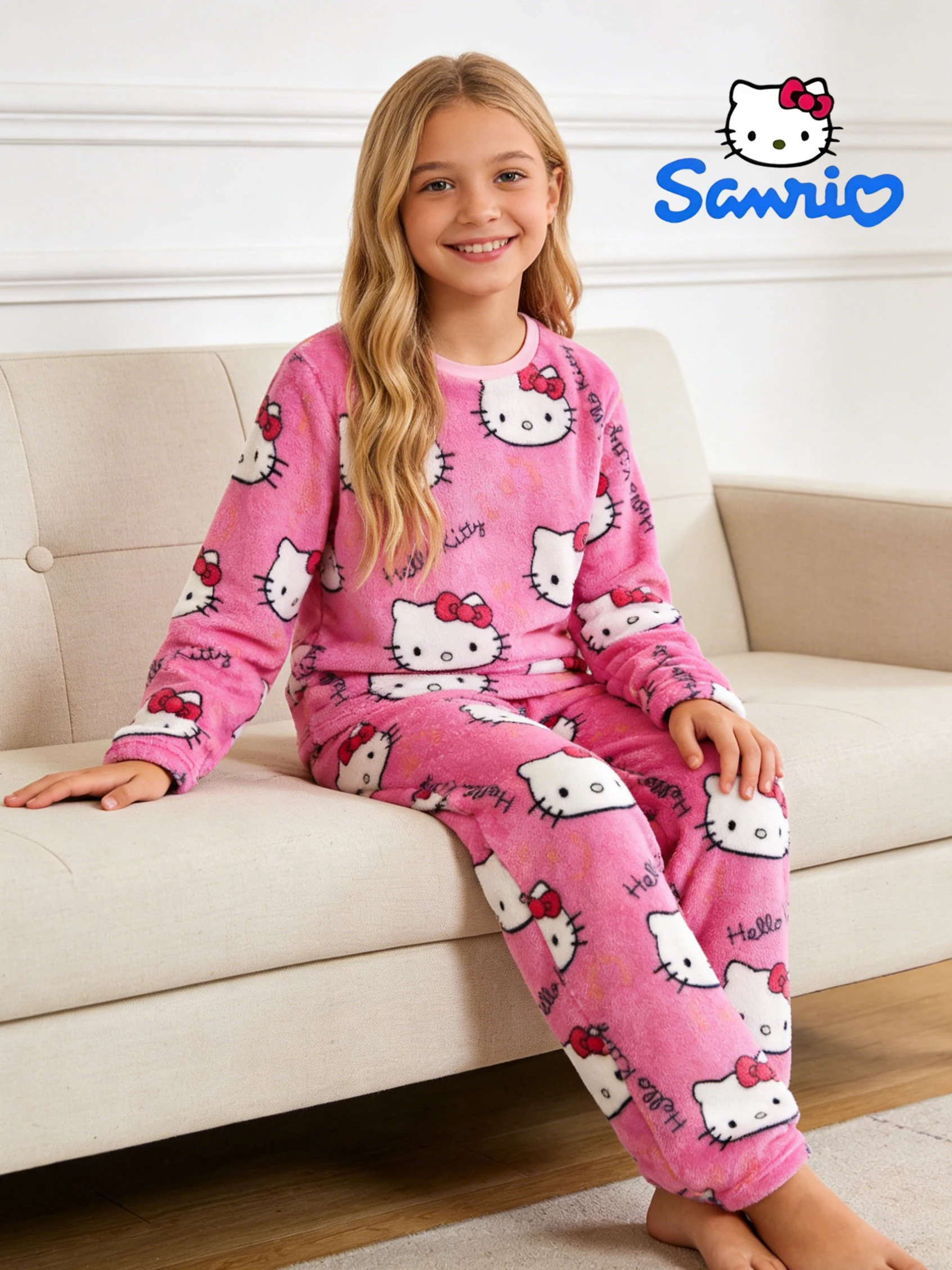 Sanrio girls' sleepwear and pants set for autumn and winter, Hello Kitty long sleeved pants with thick suede for home wear.
