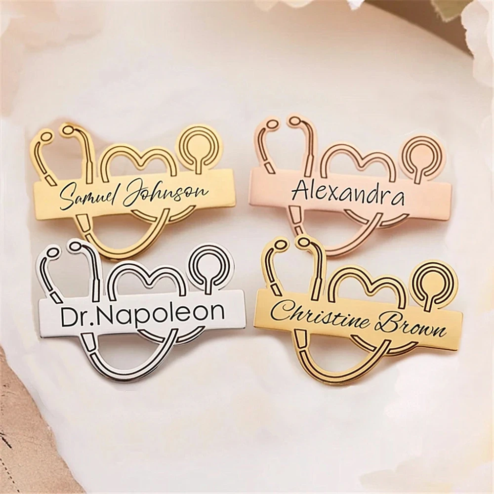 Stainless Steel Stethoscope Customized Engraved Name Logo Lapel Pin Brooch Personalized Badge Doctor Professional Custom Pins