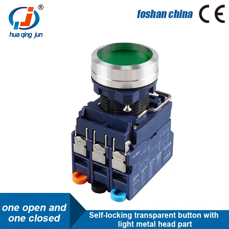 Huaqingjun Transparent Button Green Red Yellow Led Metal Self-locking NO NC Push Button Switch for PLC