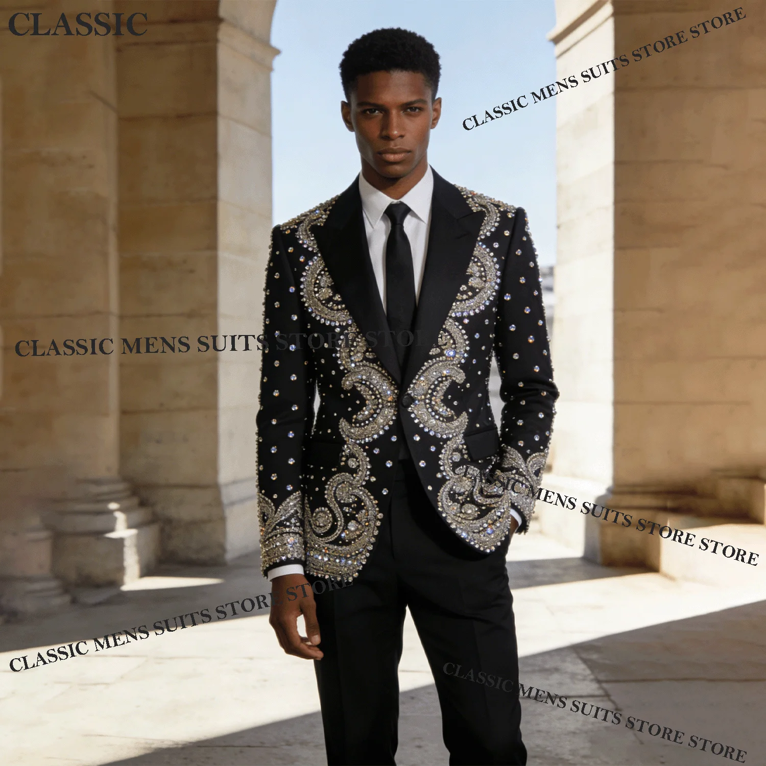 

Luxury Customized Men Suits Metallic Jewelry Ornament Tuxedo 3 Piece Wedding Groom Male Prom Blazer Slim Party Ternos Completo
