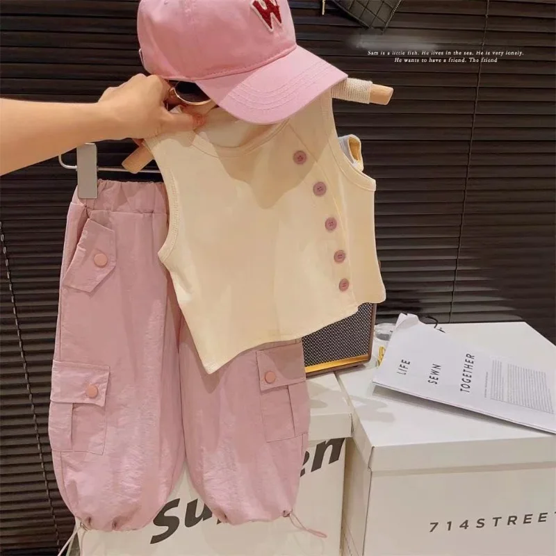 Girls Suit Summer New Girls Solid Color Vest + Cargo Pants Two-piece Set Kids Clothes Girl Clothes