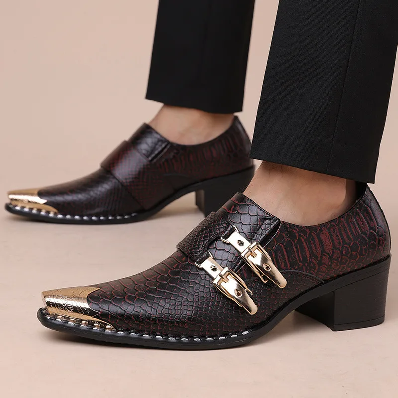 2026 Designer Men's Slip-On Derby Shoes Black Luxury Pu Snake Leather Pointed Toe Business Dress Shoes Trendy Party Wedding Shoe