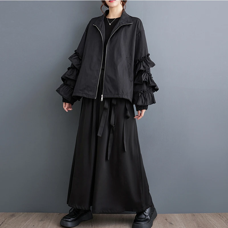 Women\'s Black Solid Color Ruched Jacket Casual Loose All Match Oversize Fashion Standing Vintage Collar Coat 2023 Spring Autumn