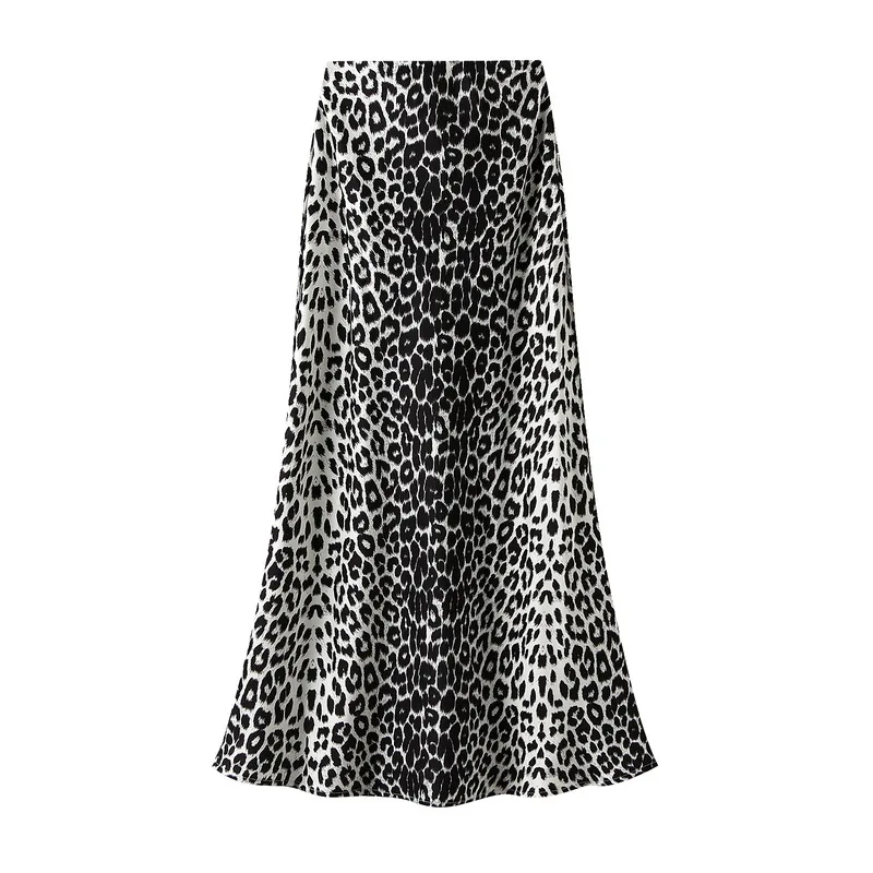 Half length skirt for women in autumn, high waisted and slimming mid length, arm hugging skirt, leopard print long skirt, A-line
