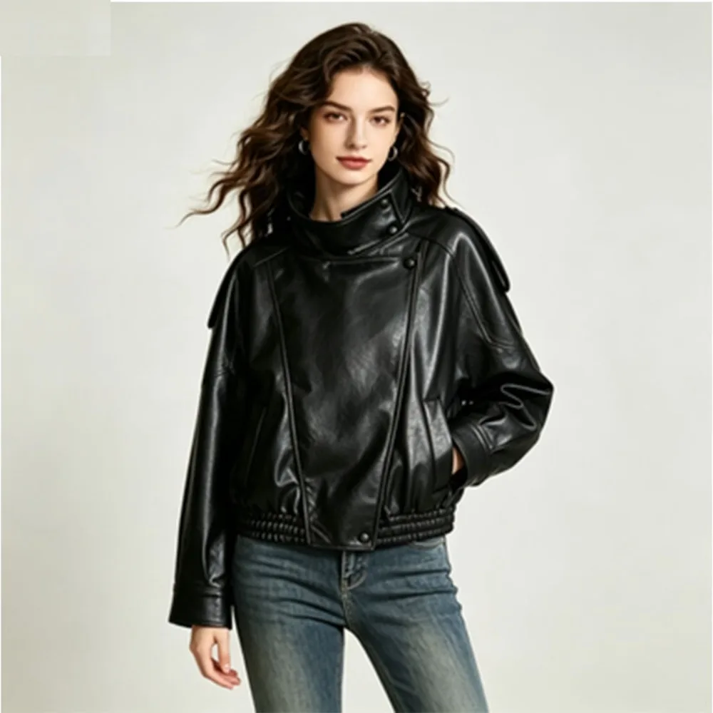 2026 Retro Machine Leather Women's Jacket Thin Spring and Autumn Coat Locomotive Style LeatherStand CollarTexture Unique Fashion