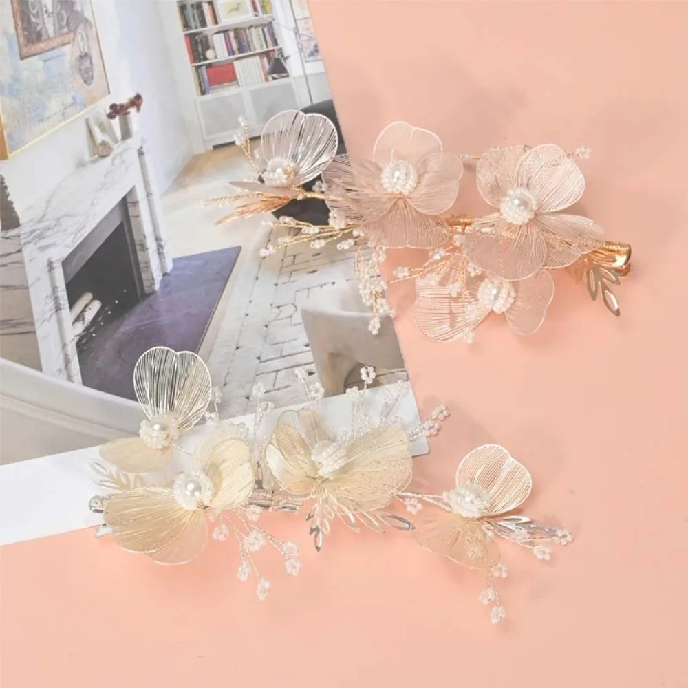 Sweet Alloy Bridal Hairpin Exquisite High-level Wedding Headdress Pearls Handmade Flower Pinch Hair Clip Women