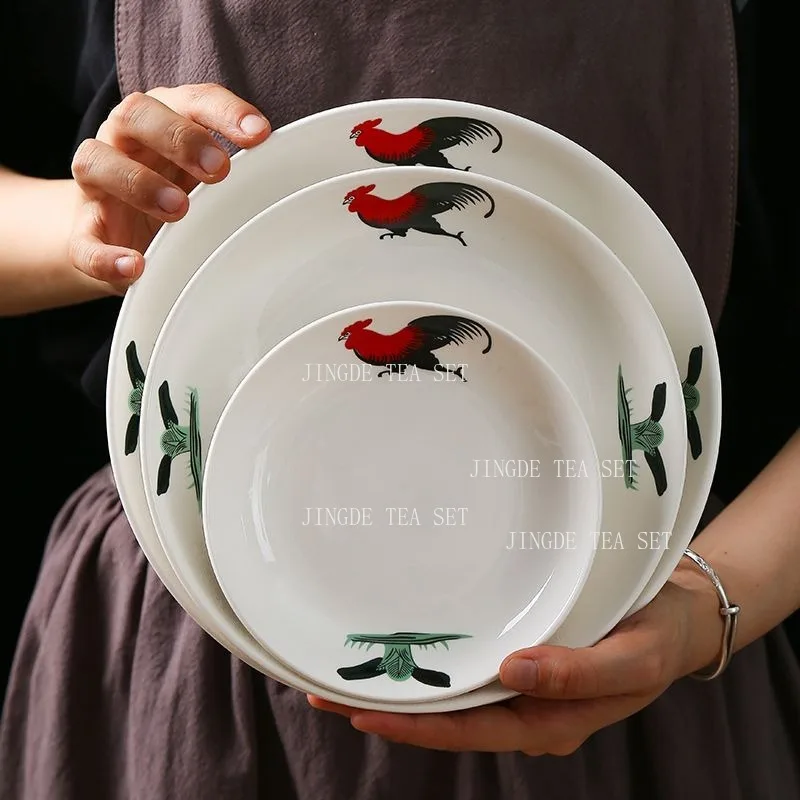 White Ceramic Rooster Pattern Plate Vintage Style Dinner Plates with Red and Black Chicken Print for Home Kitchen Dining