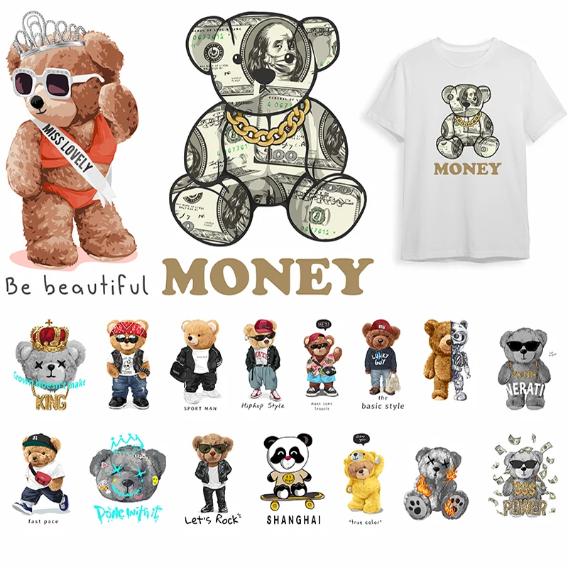 

Casual Bear Money Cute Trend DTF Clothing Hot Transfer Stickers Women's T-shirt Patch Hoodie Men's Jacket DIY Fashion Hot Waterp