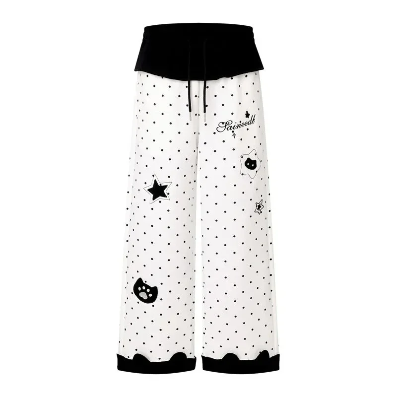 Cute Casual Wide Leg Pant Women Dot Patchwork Kawaii Lace Up Trousers Autumn Loose High Waist Cartoon Female Lazy Wind Pants New
