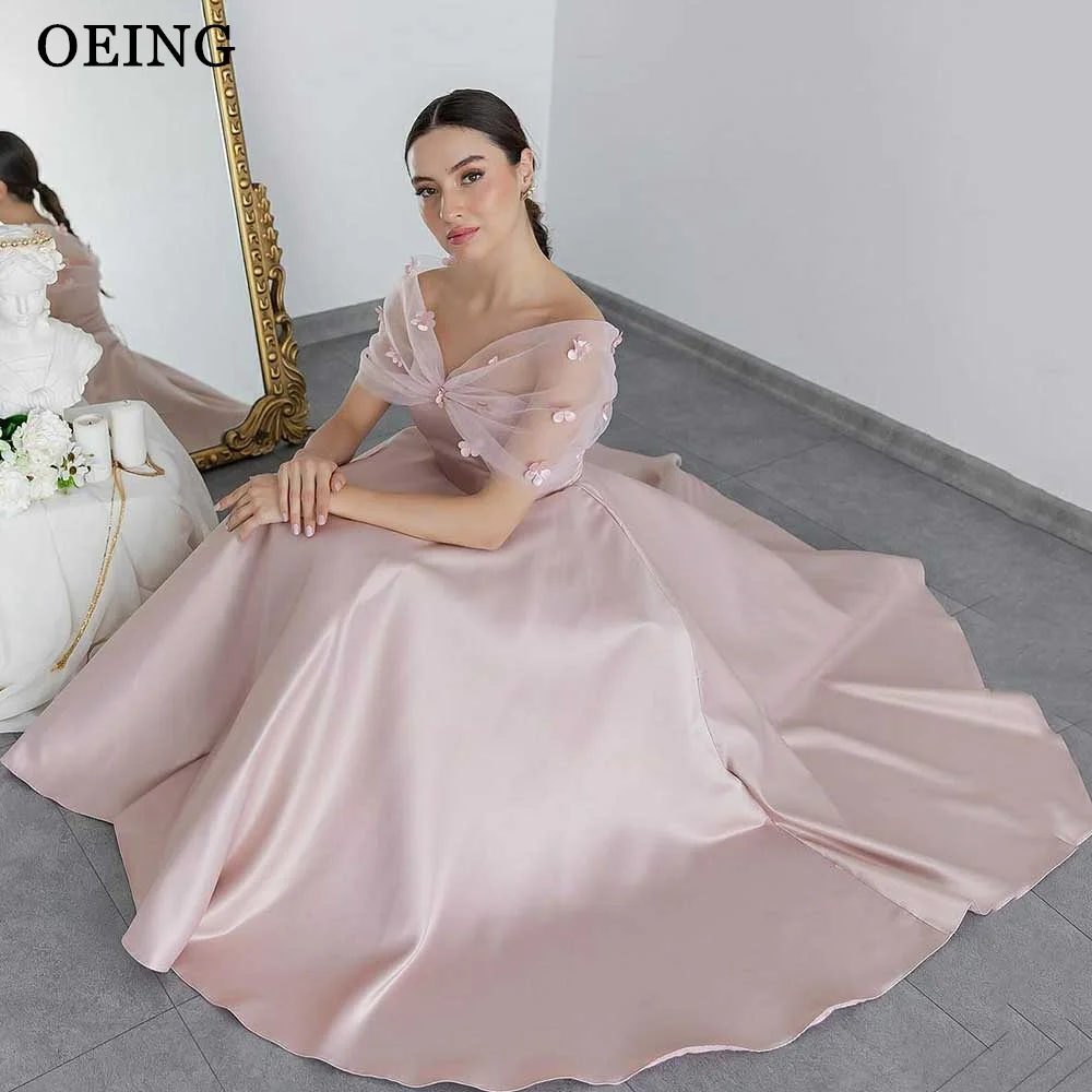 

OEING Elegant Stain Saudi Arabic Women Evening Dresses Tulle Off The Shoulder Sleeves Ankle Length Prom Gowns Formal Party Dress