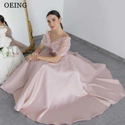 OEING Elegant Stain Saudi Arabic Women Evening Dresses Tulle Off The Shoulder Sleeves Ankle Length Prom Gowns Formal Party Dress