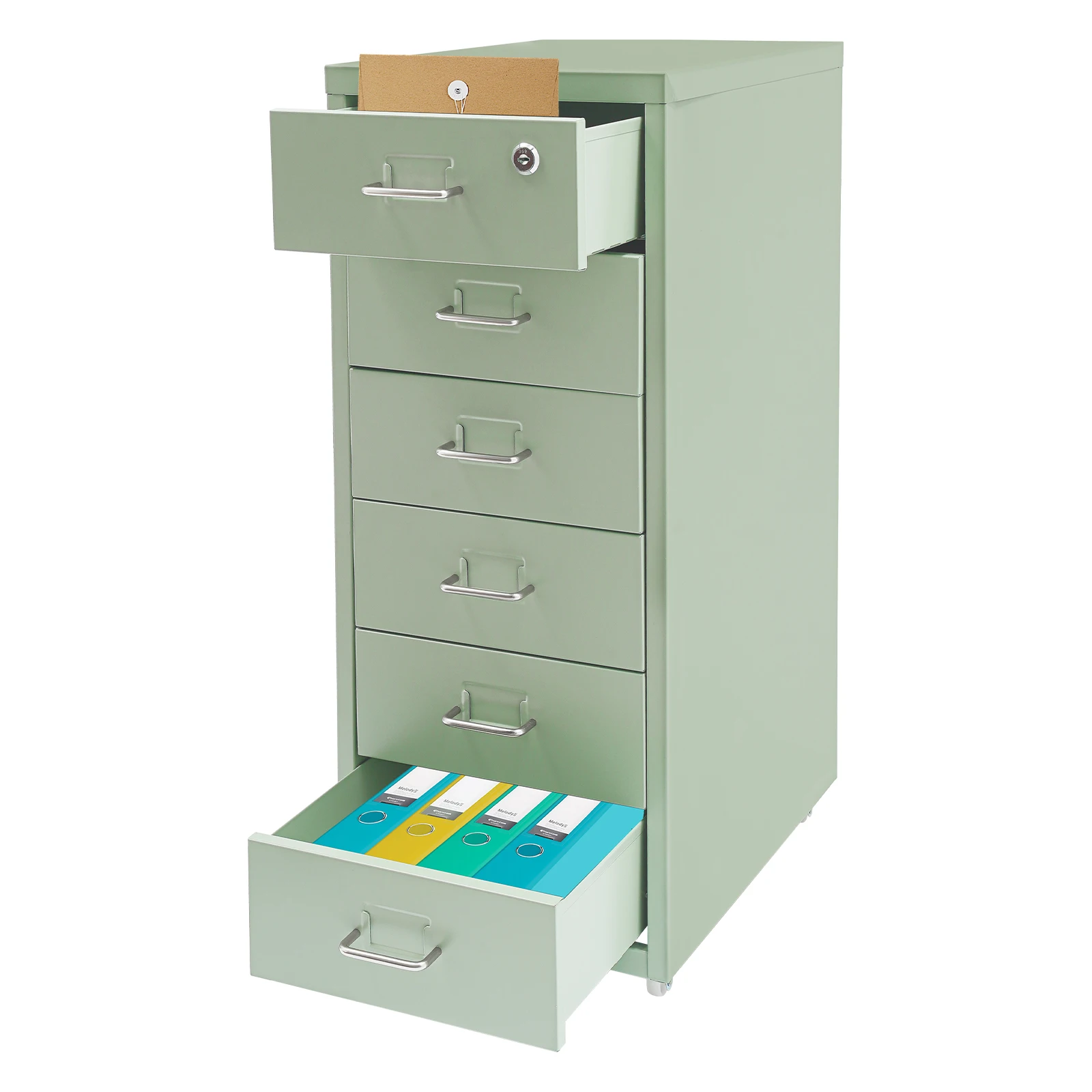 Lockable Rolling Metal File Cabinet| 6-Drawer Home Office Document Storage Container with Wheels| Off-white/Green/Yellow