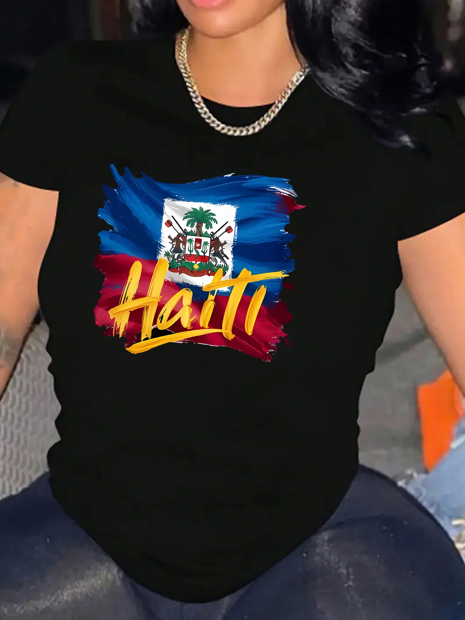 تي شيرت نسائي كاجوال مطبوع عليه حروف علم هايتي من مزيج البوليستر المحبوك، رقبة دائرية، قماش مطاطي بأكمام قصيرة، قميص متعدد الاستخدامات للموسم #2
