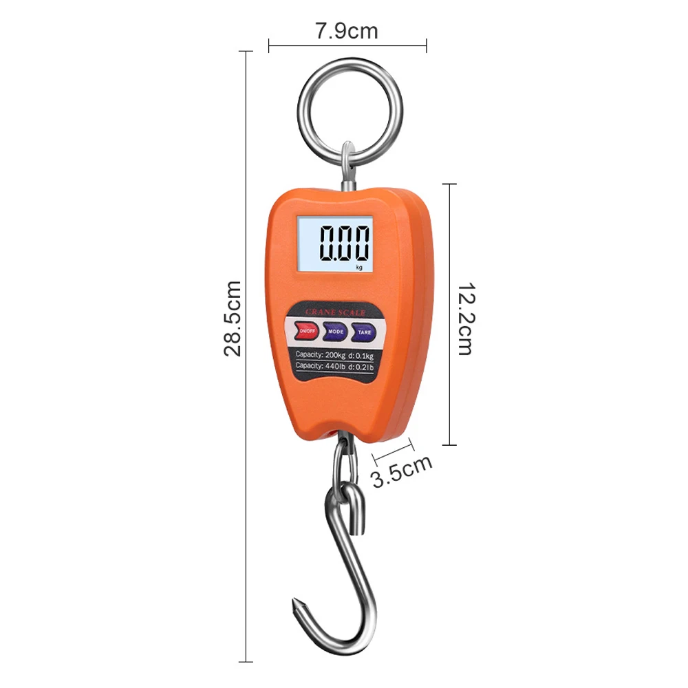 1PC 200kg Portable Crane Scale Black/Orange Small Size Farm/Factory/Market Weighing Handheld Electronic Hook Luggage Scales