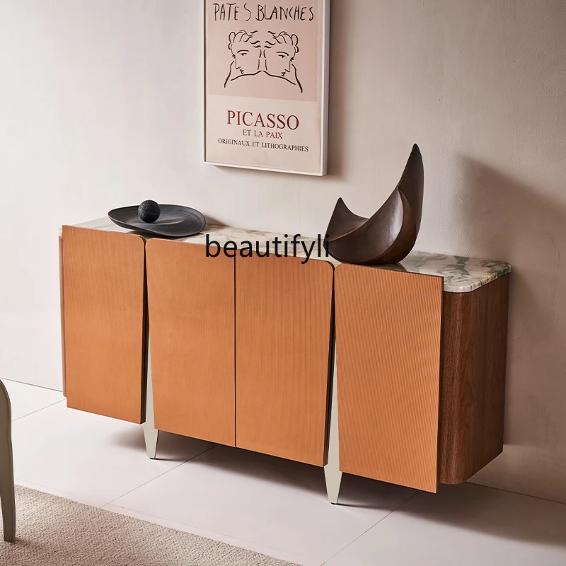 Italian Minimalist Marble Sideboard Cabinet Modern Minimalist Italian High-End Orange Saddle Leather Tea Cabinet