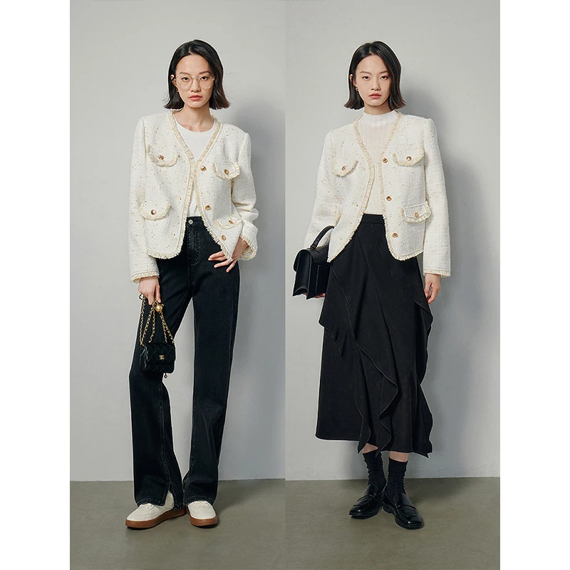 TOYOUTH 2024 Women Plaid Tweed Jacket Round Neck Cropped Tassel Coat Spring Autumn Single Breasted Office Lady Outwear Coat