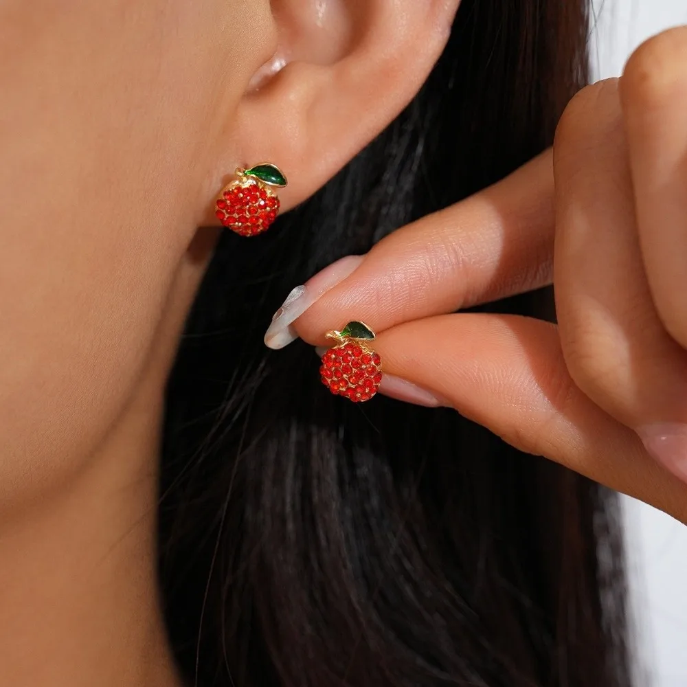 Strawberry Lemon Fruits Studs Earrings Crystal Rhinestone Creative Mini Cherry Earrings Orange Cherry Simulation