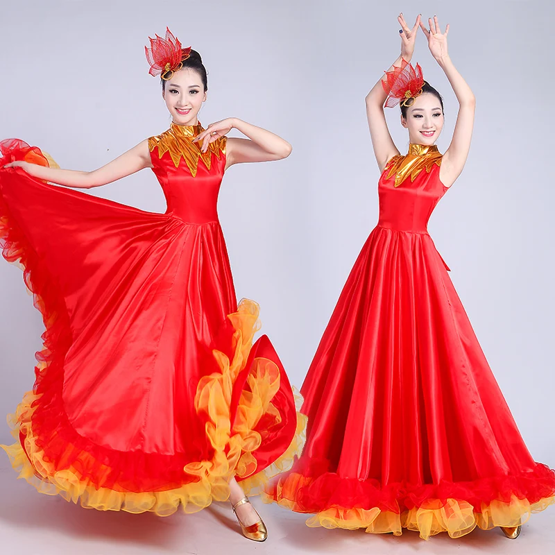 New  Adult Female Long Dress Woman Show Costume Opening Dance Large Swing Dress Chorus Performance and Spanish Dance Wear Red