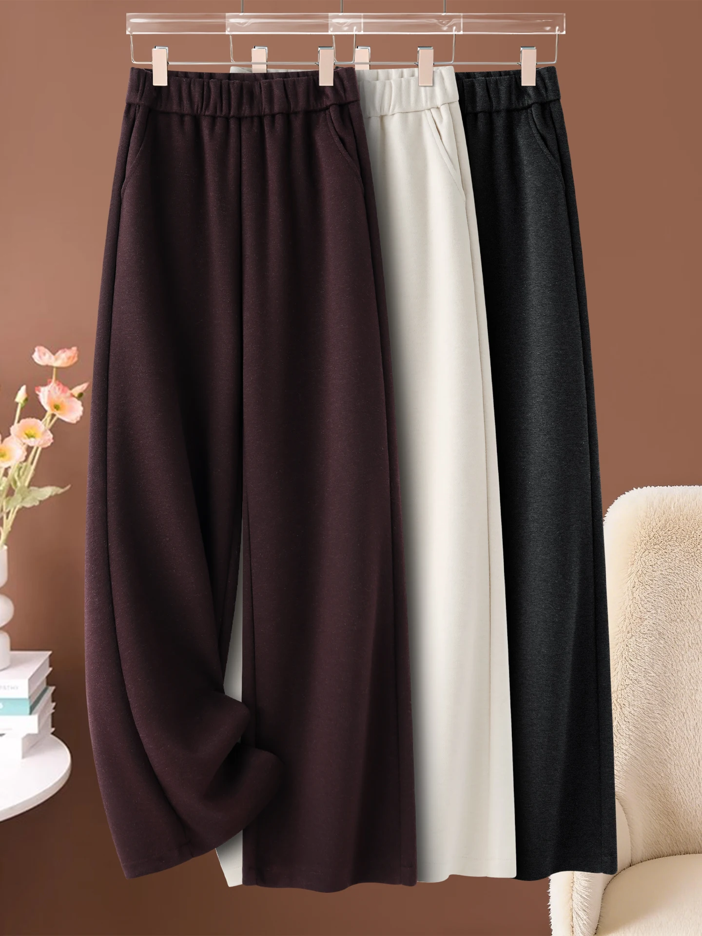 Women's Soft Woolen Wide Leg Pants Autumn Winter New Style High Waist Loose Drape Casual Straight Rice Noodle Pants