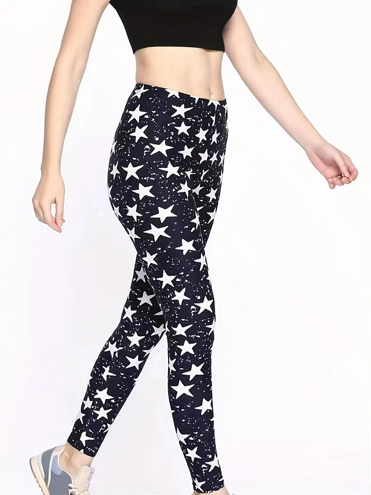 Leggings elastici in seta di latte primaverili e autunnali con tendenza di stampa a forma di stella adatti alle donne da indossare all\'esterno