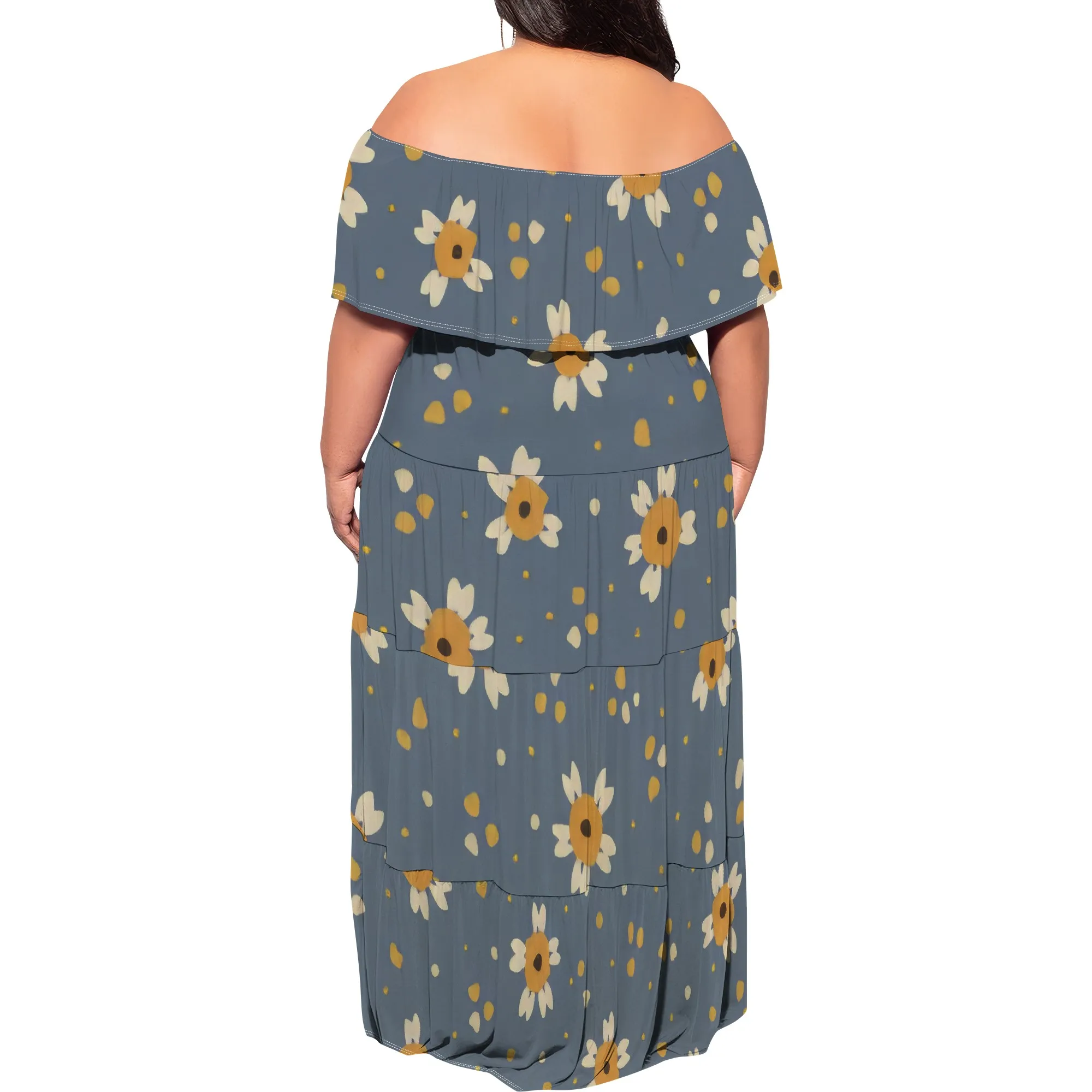 Abito da donna con spalle scoperte Abito lungo da spiaggia casual estivo con stampa floreale hawaiana sexy lungo fino al pavimento