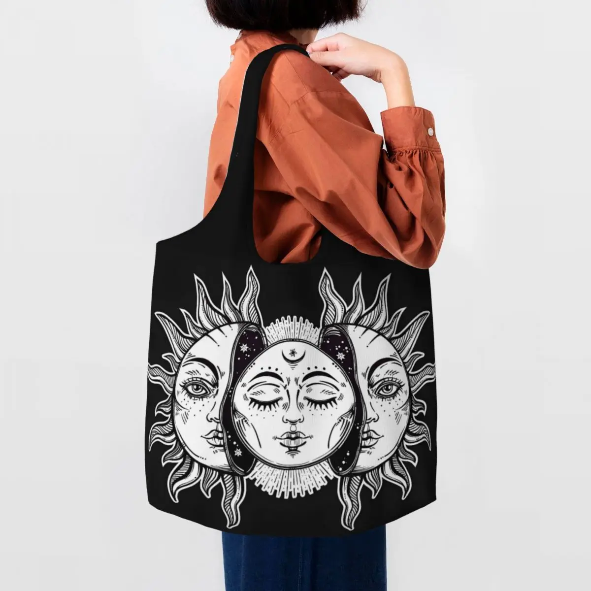 Custom Kawaii Vintage Retro Sun And Moon Solar Eclipse Classic Shopping Tote Bag Recycling Grocery Canvas Shopper Shoulder Bag