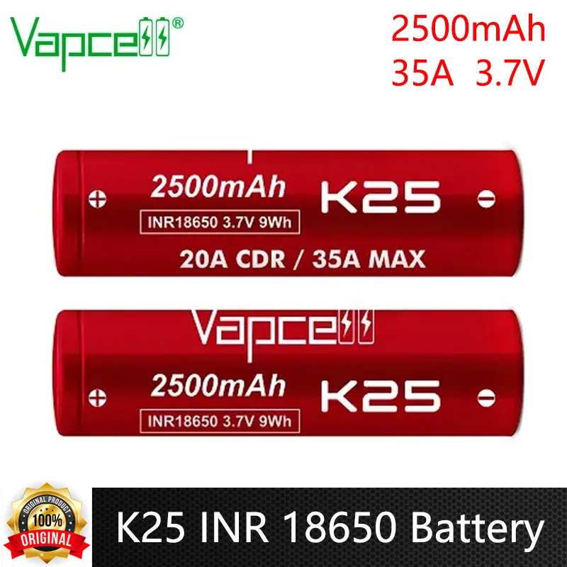 Original Vapcell K25 INR 18650 Battery 2500mAh Capacity CDR 20A Max 35A 3.7V Similar As 25R Batteries Lithium Ion Battery 18650