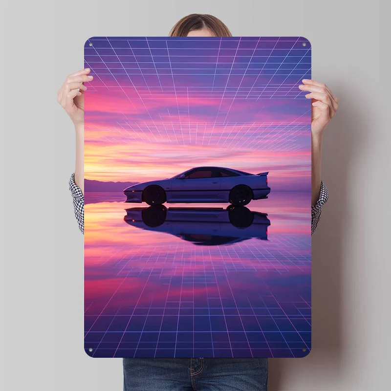 Retro-Poster mit Sonnenuntergang und Auto, Blechschild, personalisierte Wandkunst, Vintage-Metallschilder für Zimmer, Heimdekoration, Badezimmer