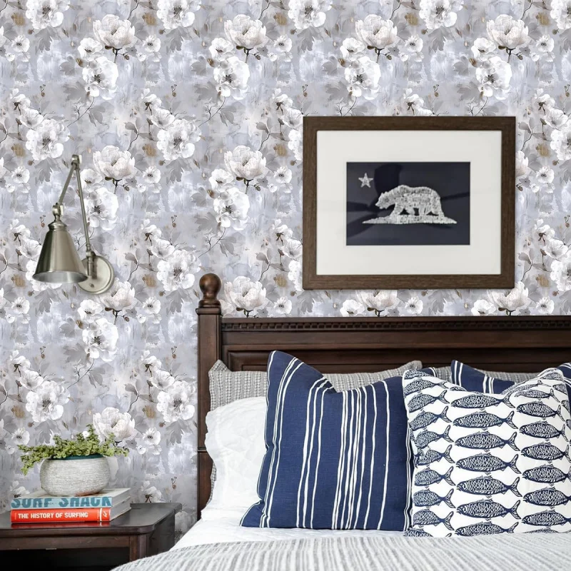 Papel de parede floral com casca e bastão, contato vintage, 16,9 polegadas x 118,1 polegadas, flor branca cinza