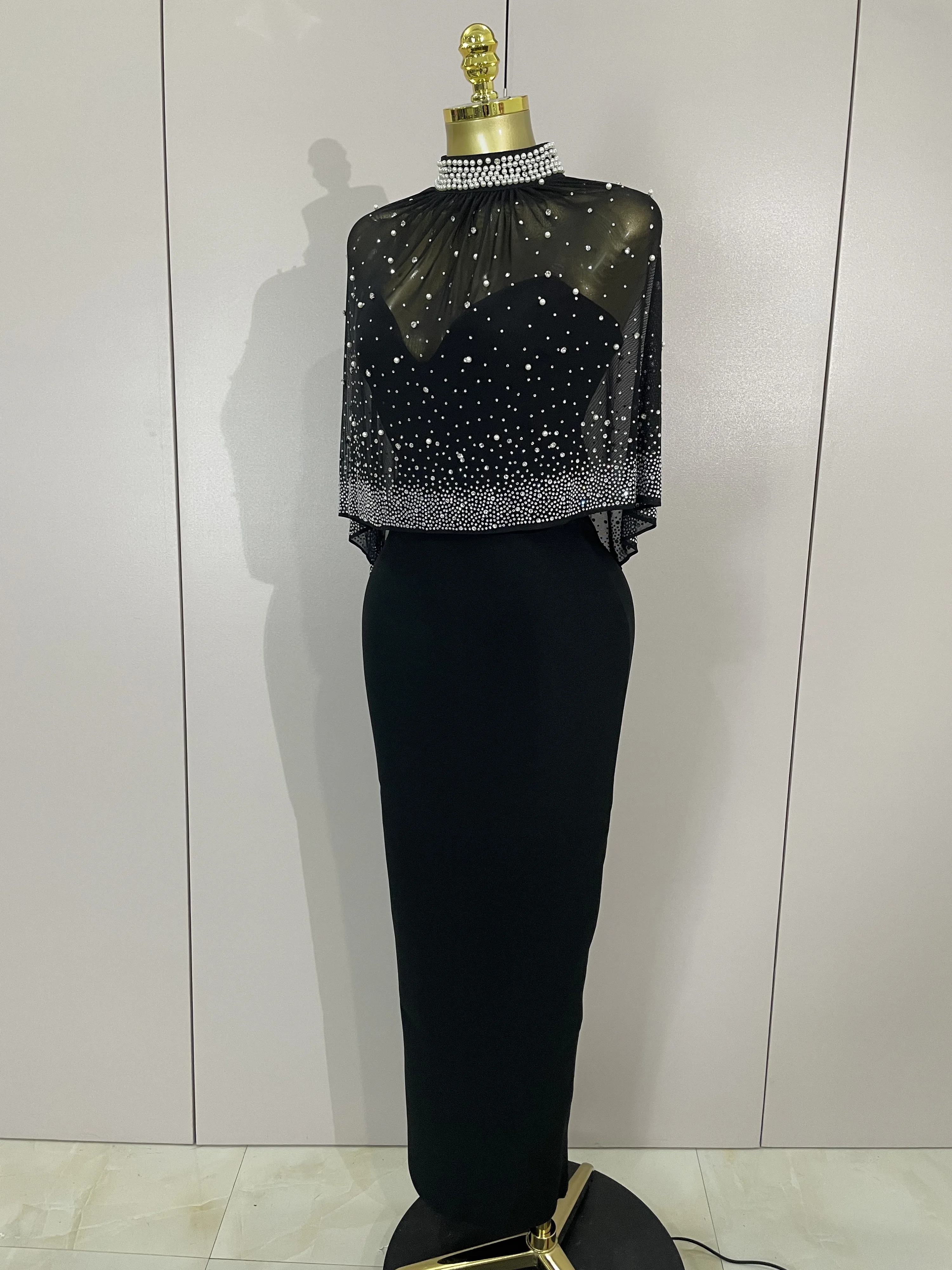 STOCK Elegant Black Strapless Long Bandage Dress With Sheer Rhinestone Beaded Cape Women Evening Celebrity Luxury Birthday Gown