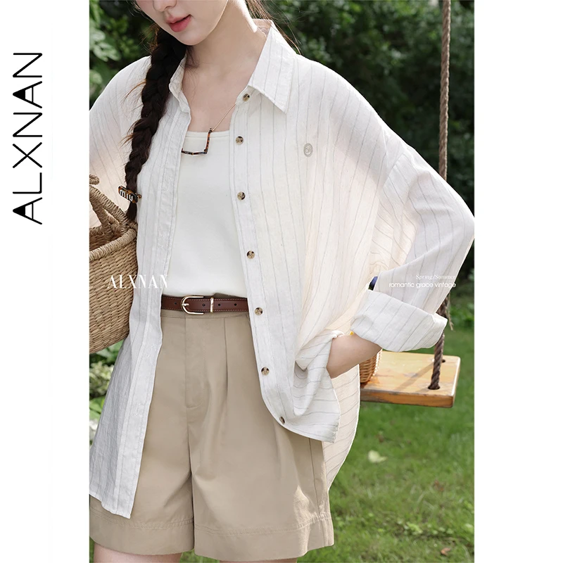 ALXNAN Kemeja Bergaris Kasual Tabir Surya Kasual Lengan Panjang Blus 2025 Musim Panas Elegan Longgar Liburan Pakaian Wanita L56567