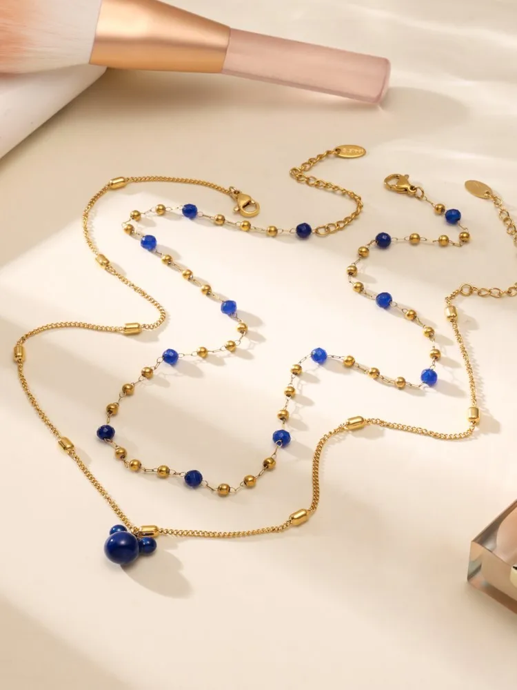 Stainless Steel Bear Pendant Chain Necklace For Women 18k Gold Plated Waterproof Non Tarnish Women's Blue Enamel Beads Necklaces